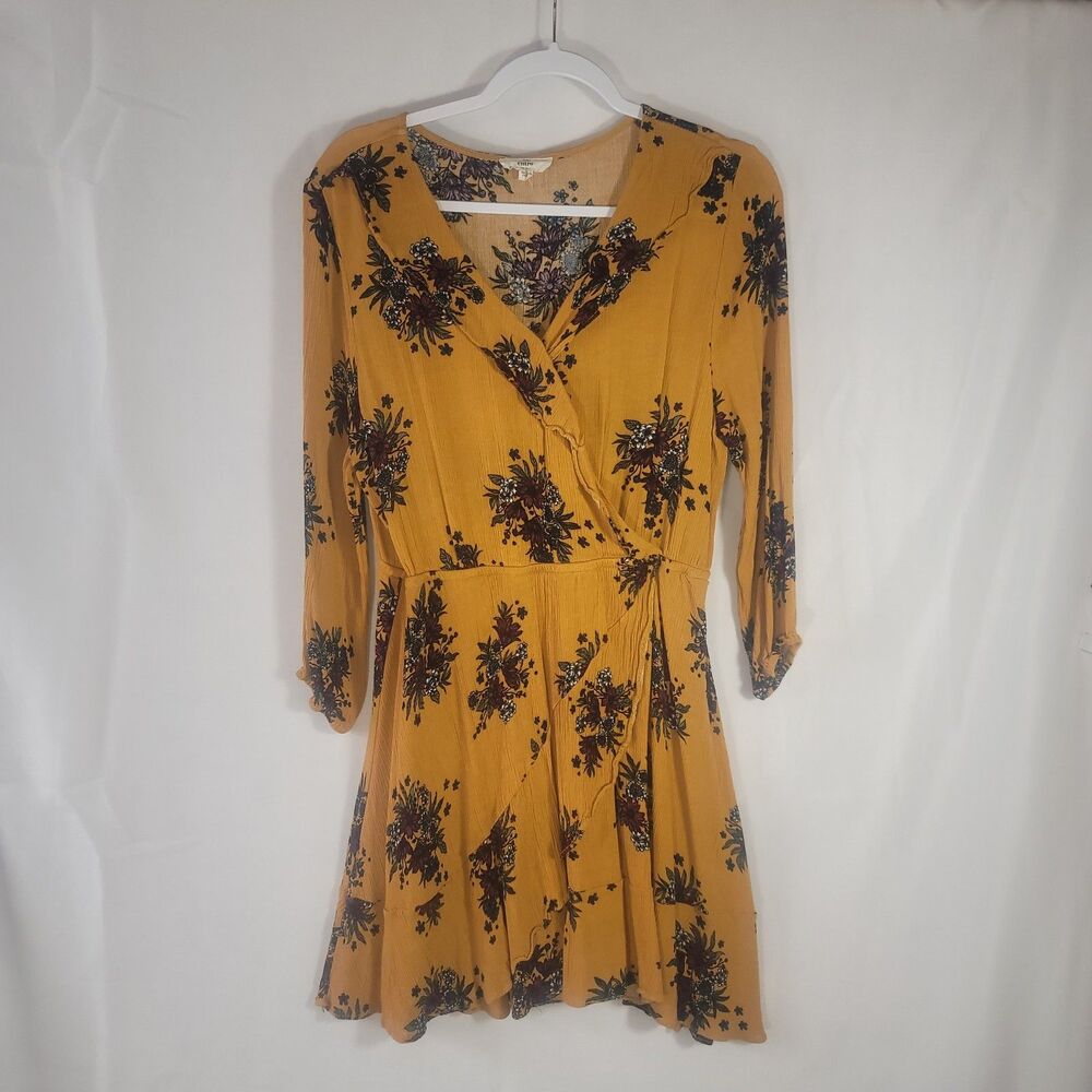Entro Mustard Yellow Floral Faux Wrap Mini Dress Large Boho Long Sleeve Autumn